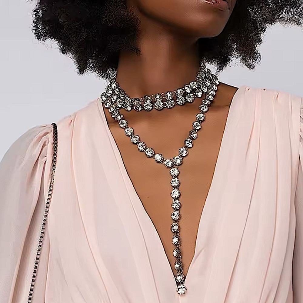 SILVER Crystal Y Lariat Choker Rhinestone Drop Tassel Necklace New Years